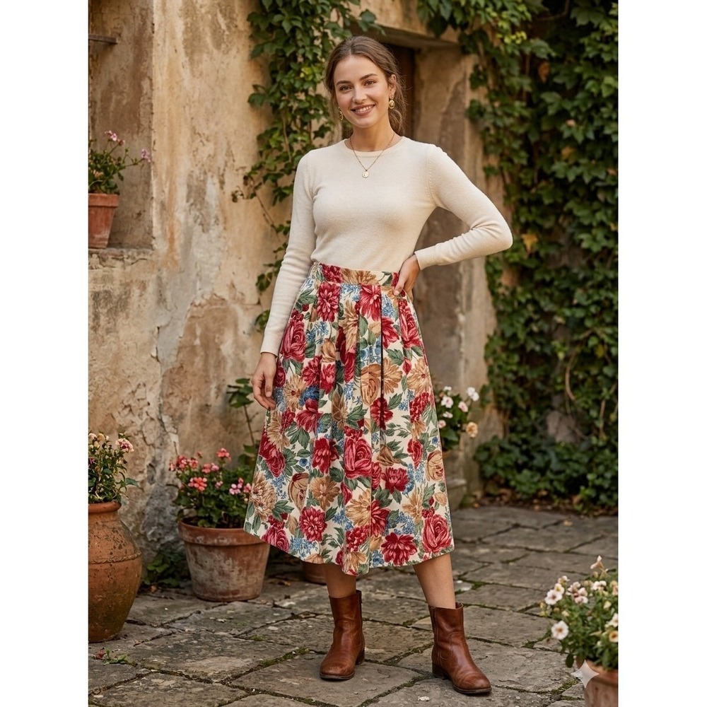 Russ Floral Corduroy Skirt Cream‎ Red Excellent Vintage Made in USA